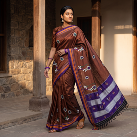 Brown Nath Work Silk Cotton Khun Saree, draped and worn by a woman, AI visual of the saree, iTokri