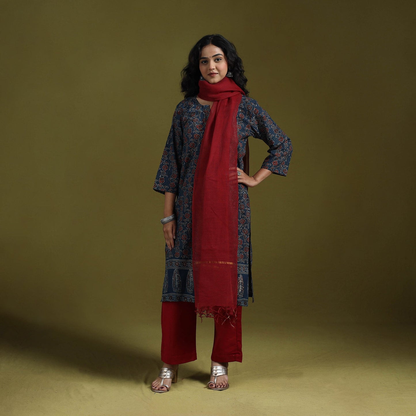Natural dyed ajrakh hand block print cotton suit set