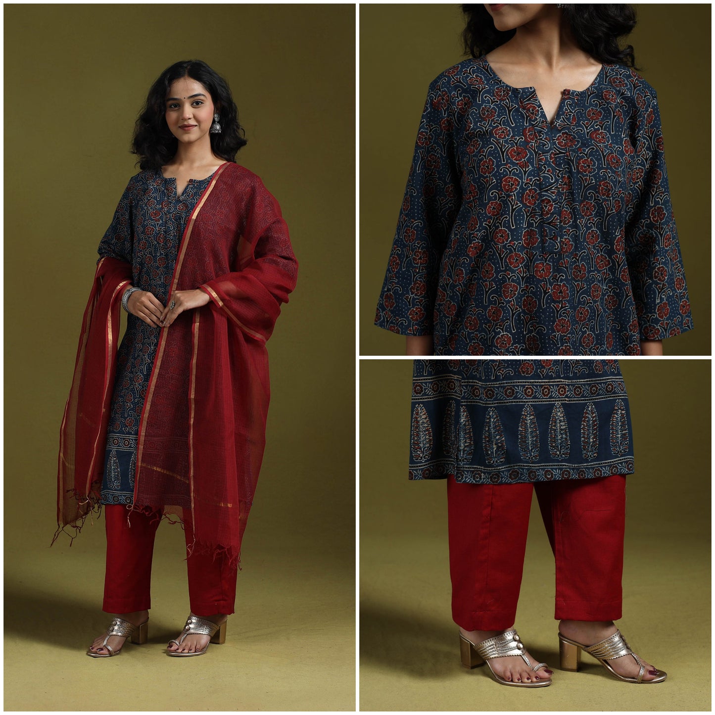 Natural dyed ajrakh hand block print cotton suit set