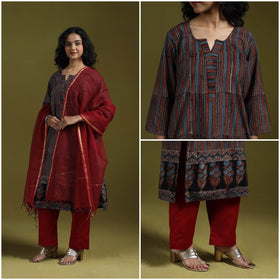 Natural dyed ajrakh hand block print cotton suit set
