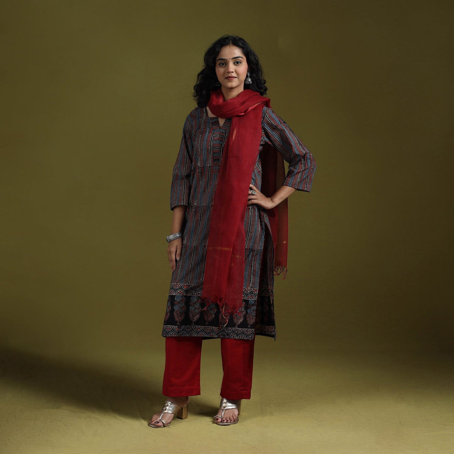 Natural dyed ajrakh hand block print cotton suit set