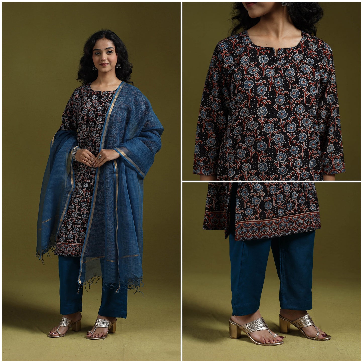 Natural dyed ajrakh hand block print cotton suit set