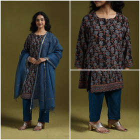 Natural dyed ajrakh hand block print cotton suit set