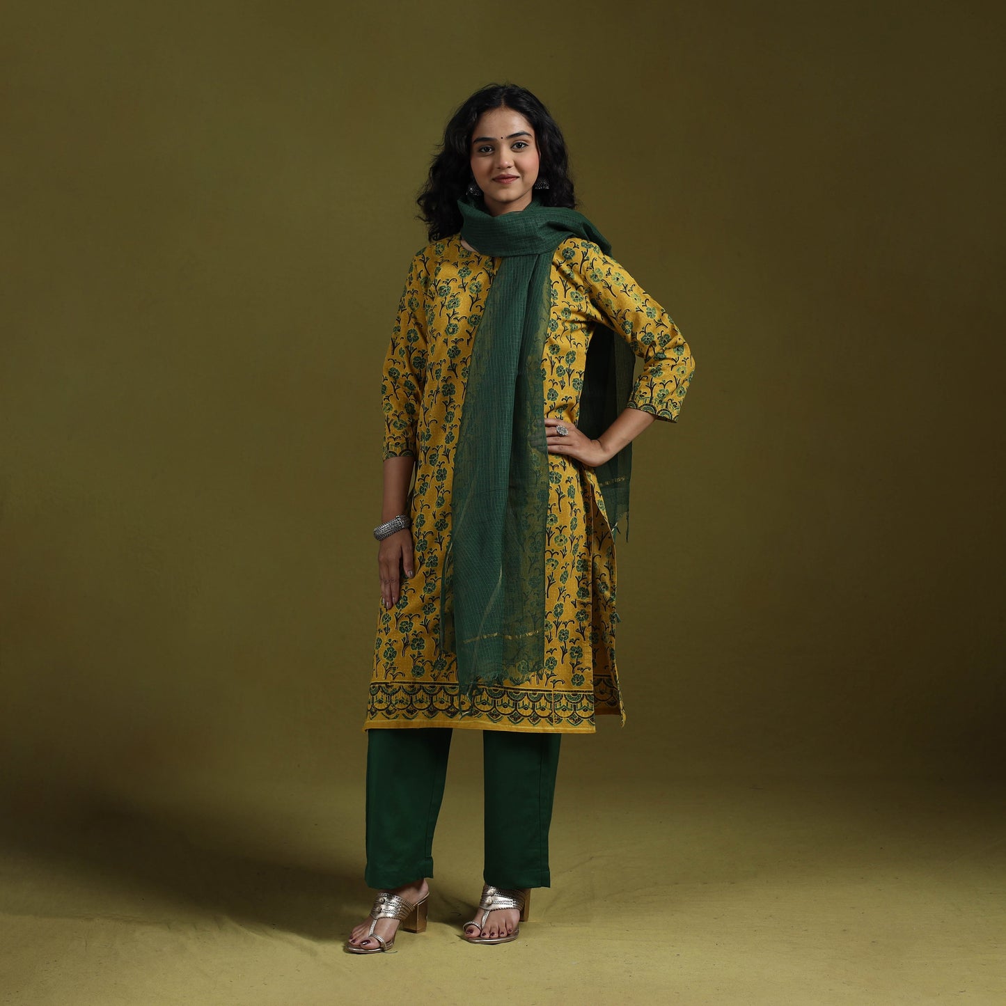Natural dyed ajrakh hand block print cotton suit set