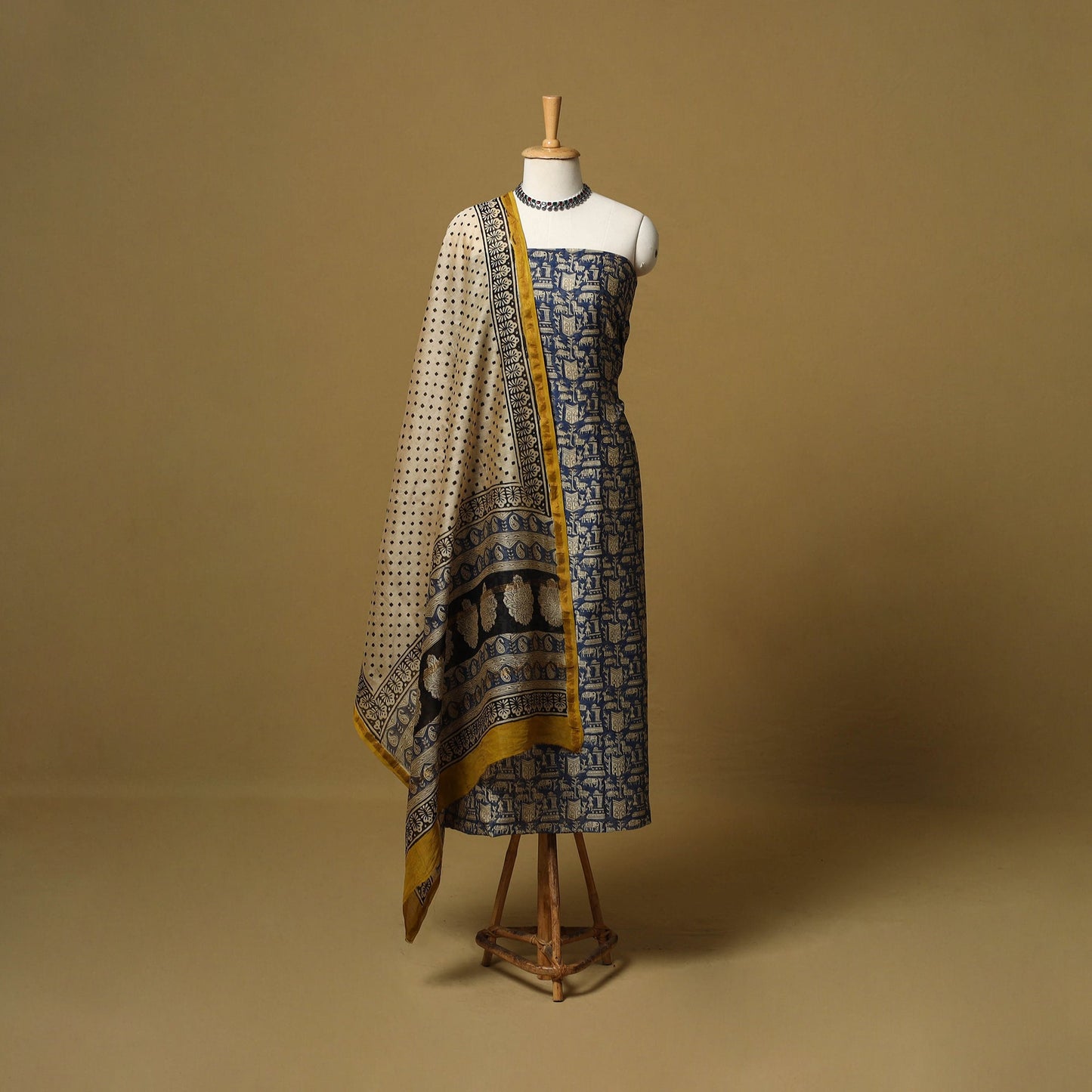 Natural dyed bagru chanderi silk 3pc unstitched dress