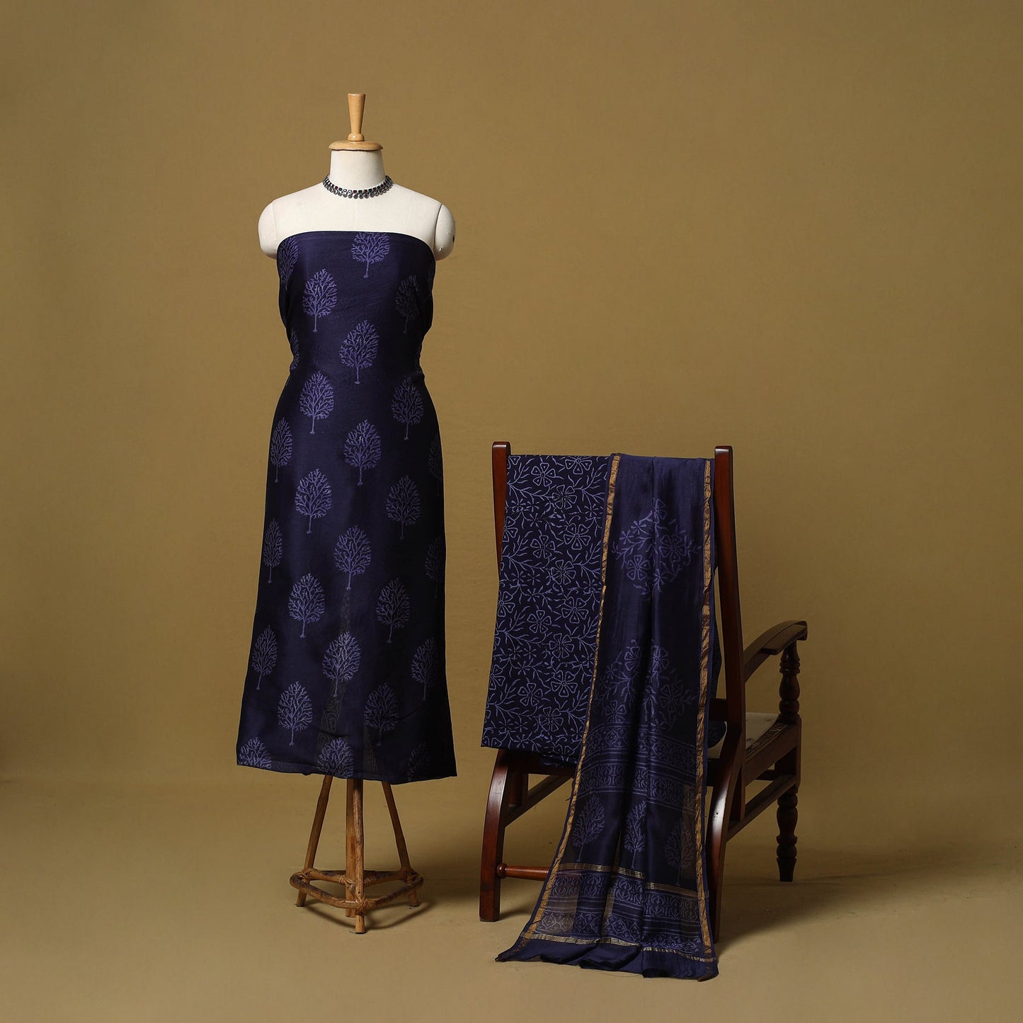 Natural dyed bagru chanderi silk 3pc unstitched dress