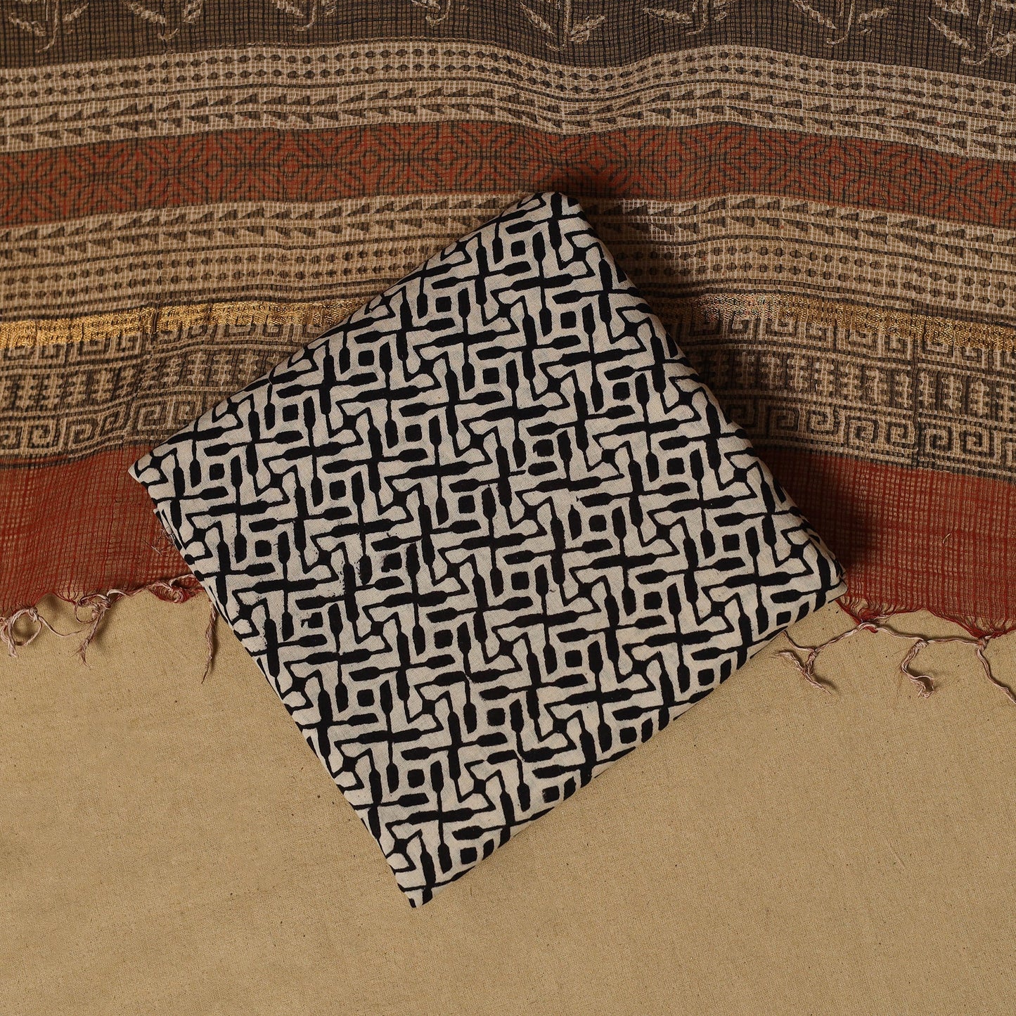 Natural dyed bagru cotton 3pc unstitched dress material 01