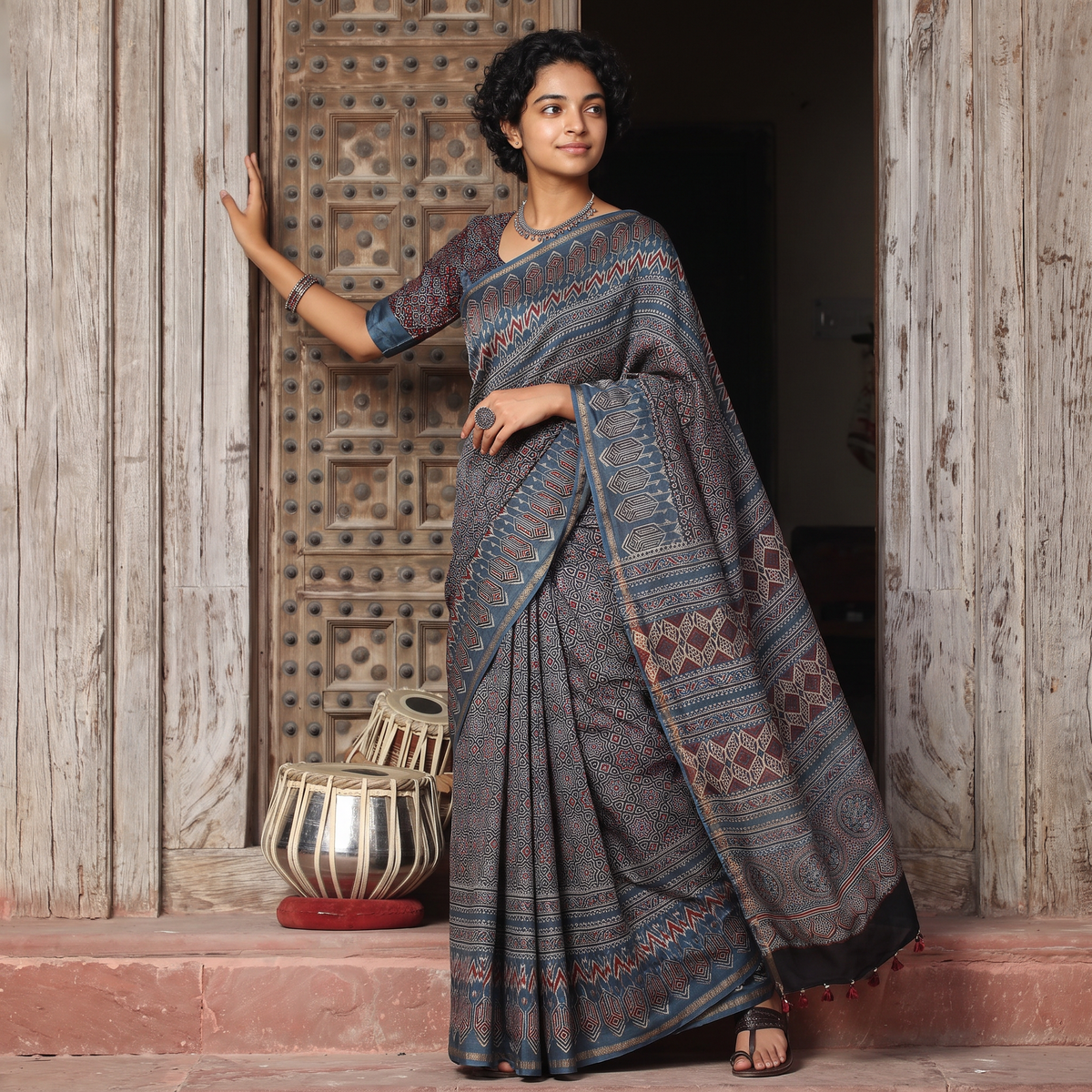 Blue Natural Dyed Block Print Chanderi Silk Ajrakh Saree, draped and worn by a woman, AI visual of the saree, iTokri