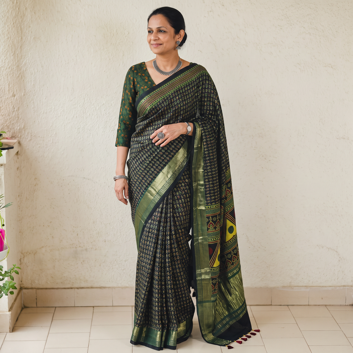 Green Natural Dyed Block Print Modal Silk Ajrakh Saree, draped and worn by a woman, AI visual of the saree, iTokri