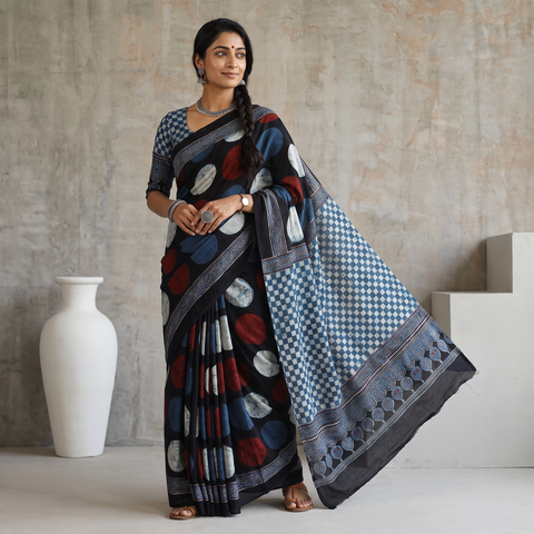 Multicolor Natural Dyed Block Print Modal Silk Ajrakh Saree, draped and worn by a woman, AI visual of the saree, iTokri