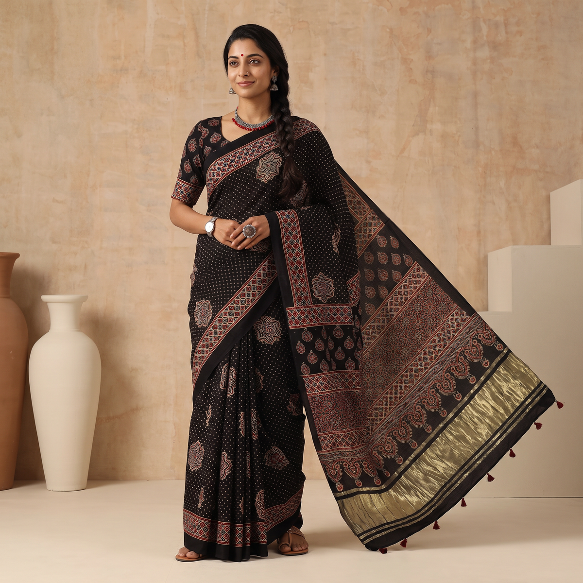 Black Natural Dyed Block Print Modal Silk Ajrakh Saree with Lagdi Patta, draped and worn by a woman, AI visual of the saree, iTokri