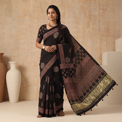 Black Natural Dyed Block Print Modal Silk Ajrakh Saree with Lagdi Patta, draped and worn by a woman, AI visual of the saree, iTokri