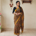 Yellow Natural Dyed Block Print Modal Silk Ajrakh Saree, draped and worn by a woman, AI visual of the saree, iTokri