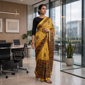 Yellow Natural Dyed Block Print Modal Silk Ajrakh Saree, draped and worn by a woman, AI visual of the saree, iTokri
