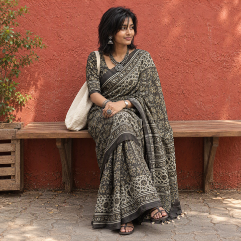 Grey Natural Dyed Block Print Mul Cotton Ajrakh Saree, draped and worn by a woman, AI visual of the saree, iTokri
