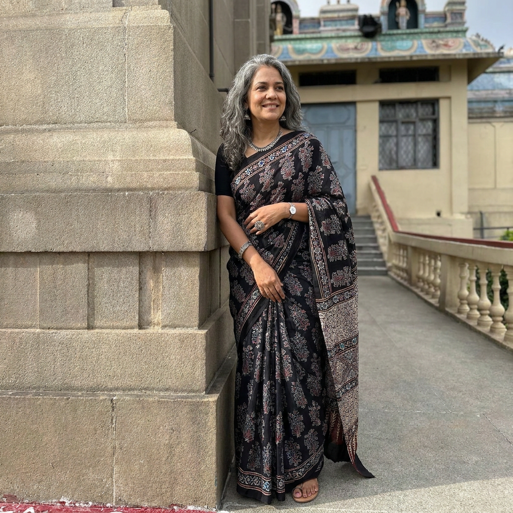 Black Natural Dyed Block Print Organza Silk Ajrakh Saree, draped and worn by a woman, AI visual of the saree, iTokri