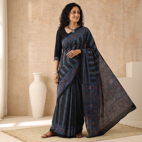 Blue Natural Dyed Block Print Silk Ajrakh Saree, draped and worn by a woman, AI visual of the saree, iTokri
