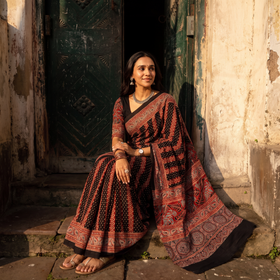 Multicolor Natural Dyed Block Print Silk Ajrakh Saree, draped and worn by a woman, AI visual of the saree, iTokri