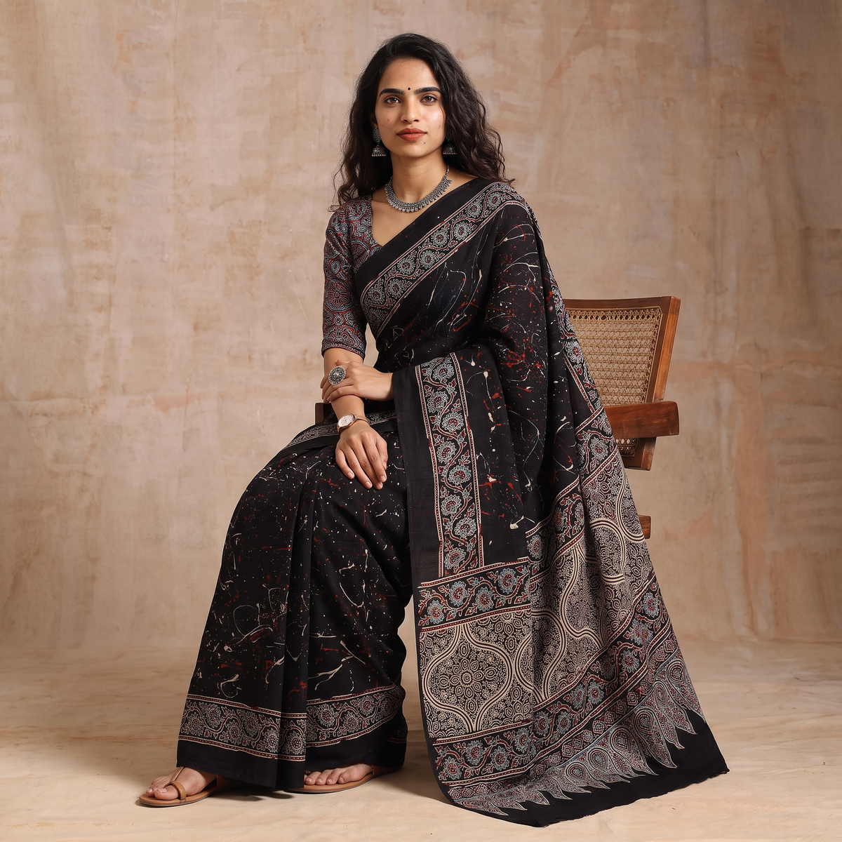 Black Natural Dyed Block Print Silk Ajrakh Saree, draped and worn by a woman, AI visual of the saree, iTokri