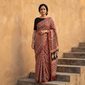 Red Natural Dyed Chanderi Silk Bagru Print Saree, draped and worn by a woman, AI visual of the saree, iTokri