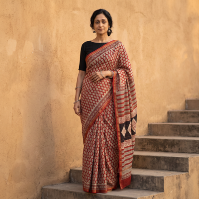 Red Natural Dyed Chanderi Silk Bagru Print Saree, draped and worn by a woman, AI visual of the saree, iTokri