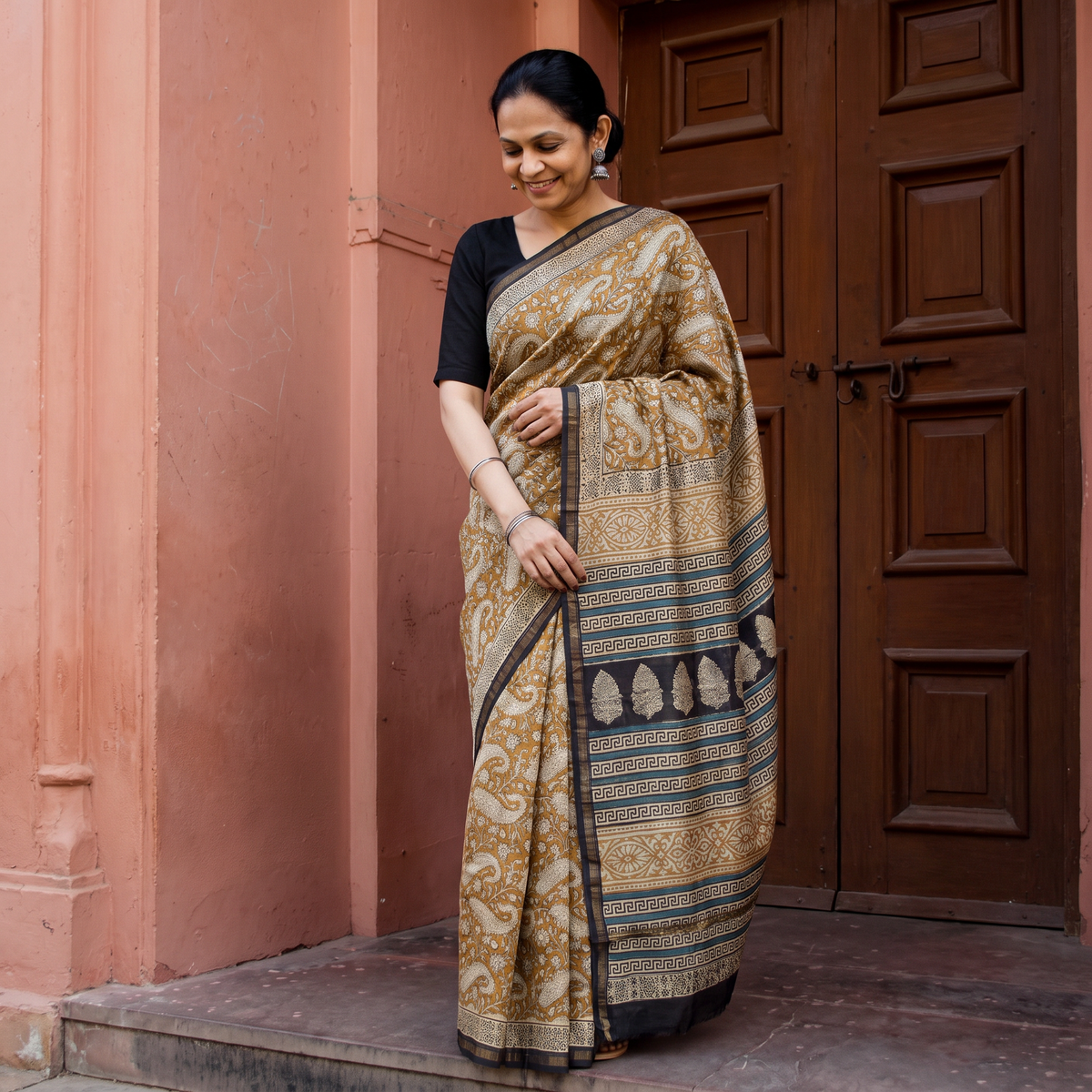 Brown Natural Dyed Chanderi Silk Bagru Print Saree, draped and worn by a woman, AI visual of the saree, iTokri