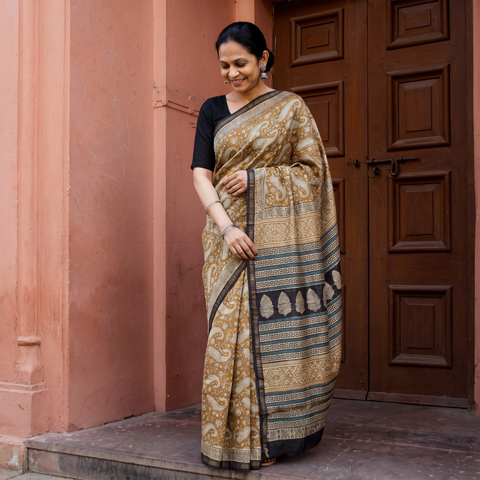 Brown Natural Dyed Chanderi Silk Bagru Print Saree, draped and worn by a woman, AI visual of the saree, iTokri