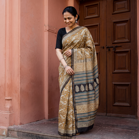 Brown Natural Dyed Chanderi Silk Bagru Print Saree, draped and worn by a woman, AI visual of the saree, iTokri