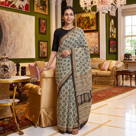 Multicolor Natural Dyed Chanderi Silk Bagru Print Saree, draped and worn by a woman, AI visual of the saree, iTokri