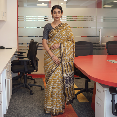 Brown Natural Dyed Chanderi Silk Bagru Print Saree, draped and worn by a woman, AI visual of the saree, iTokri
