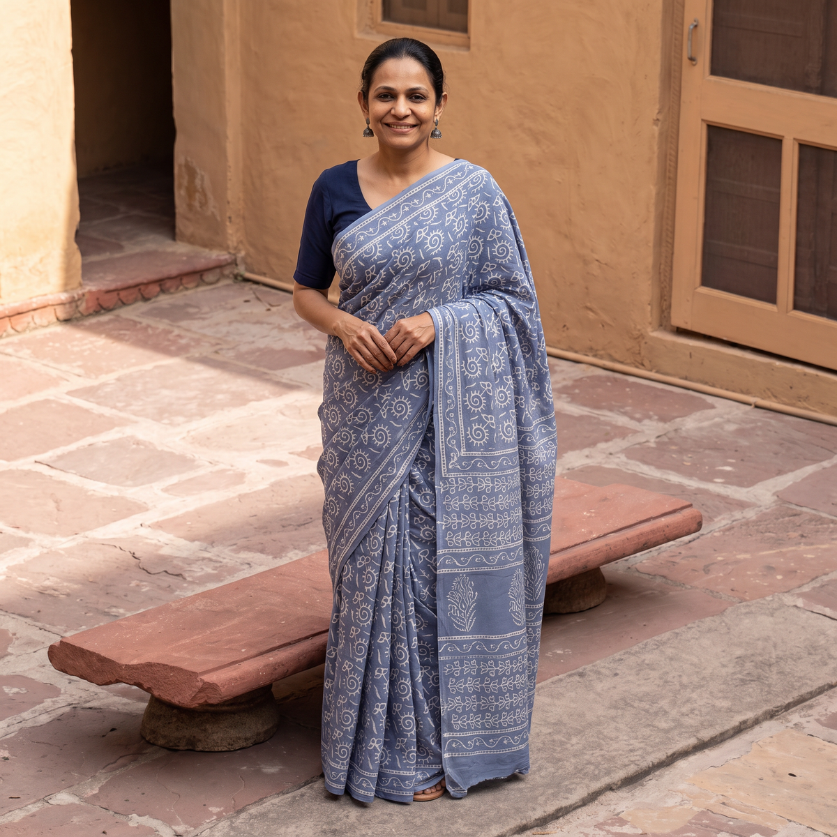 Blue Natural Dyed Cotton Bagru Print Saree, draped and worn by a woman, AI visual of the saree, iTokri