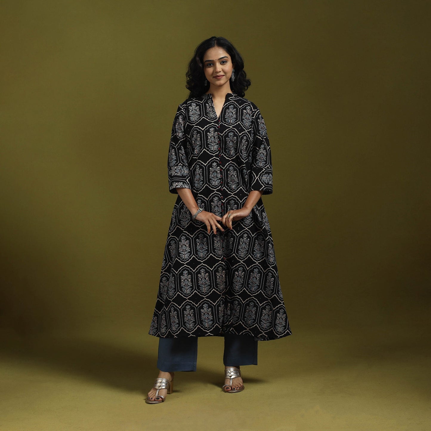 Natural dyed cotton a-line kurta for women 13 - handcrafted