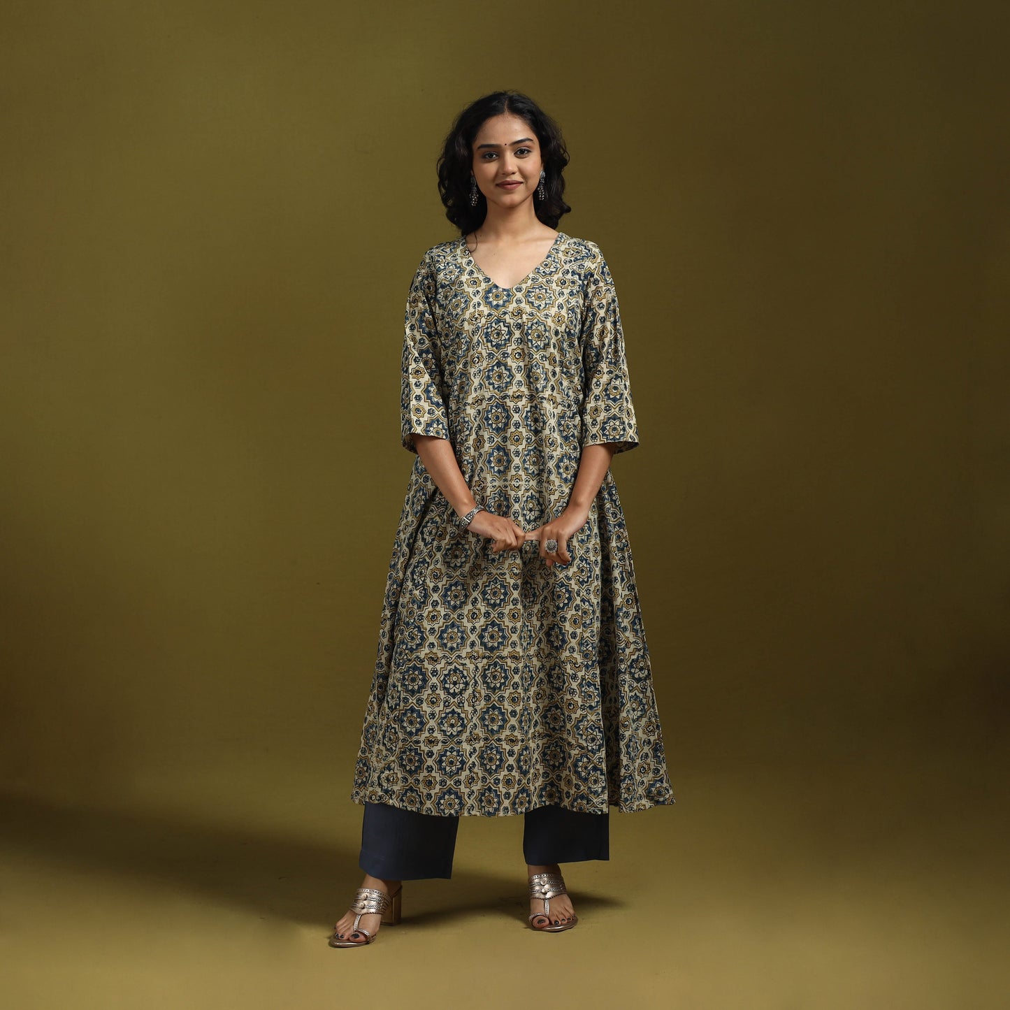 Natural dyed cotton a-line kurta for women 19 - handcrafted