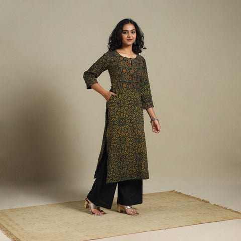 Natural dyed cotton straight kurta 10 - s - handcrafted