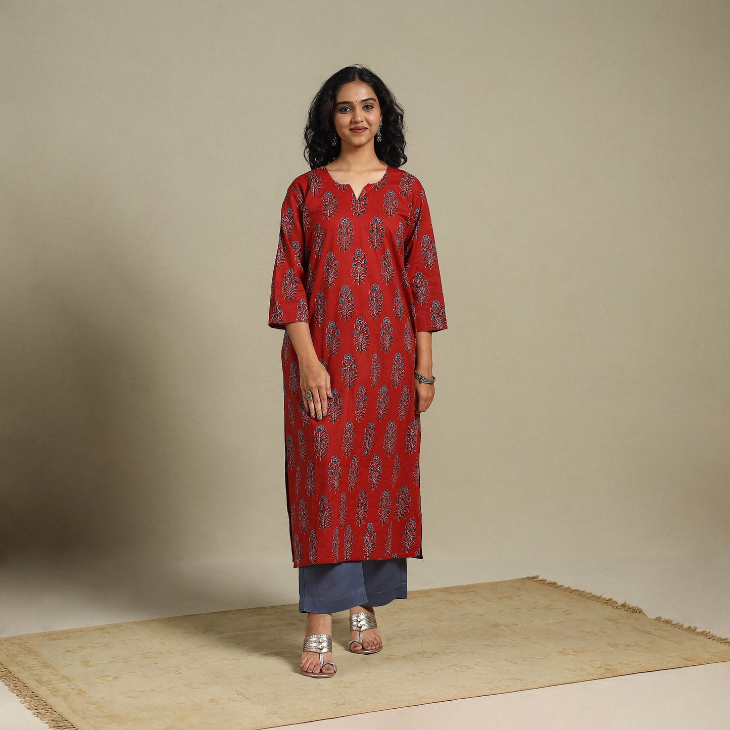 Natural dyed cotton straight kurta 17 - l - handcrafted