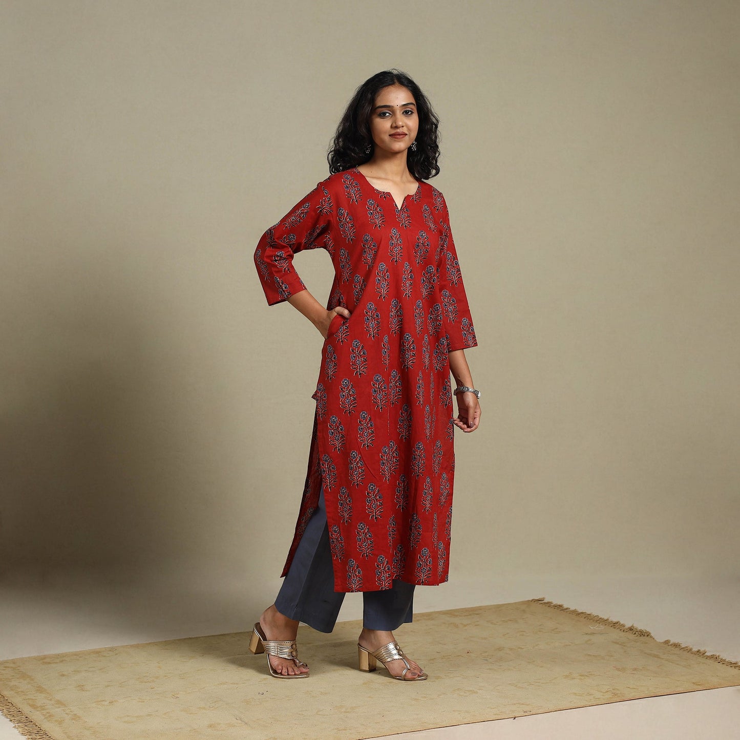 Natural dyed cotton straight kurta 17 - l - handcrafted