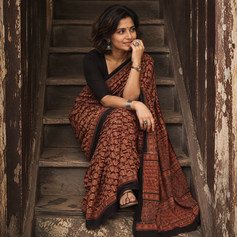 Brown Ajrakh hand block print natural dyed cotton saree, draped and worn by a woman, AI visual of the saree, iTokri