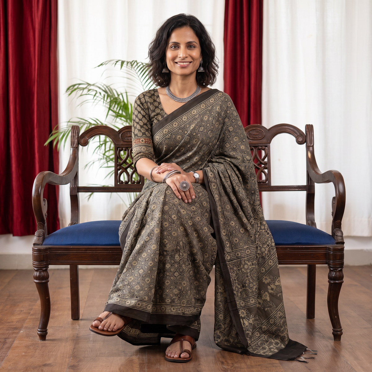 Grey Ajrakh hand block print natural dyed cotton saree, draped and worn by a woman, AI visual of the saree, iTokri