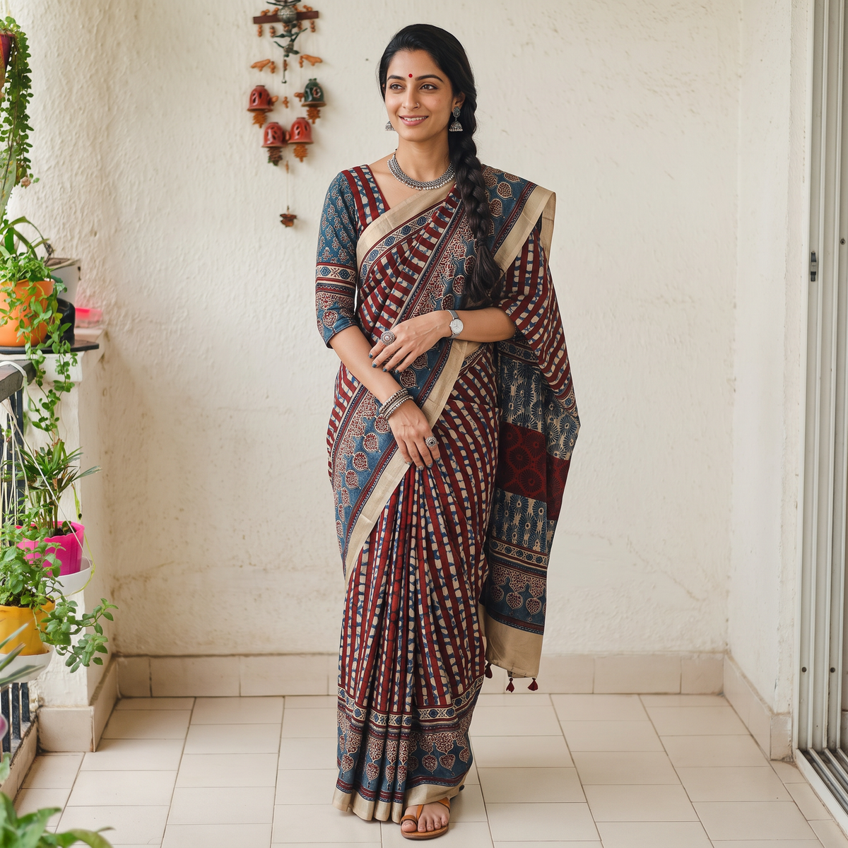 Multicolor Natural Dyed Hand Block Print Modal Silk Ajrakh Saree with Tassels, draped and worn by a woman, AI visual of the saree, iTokri