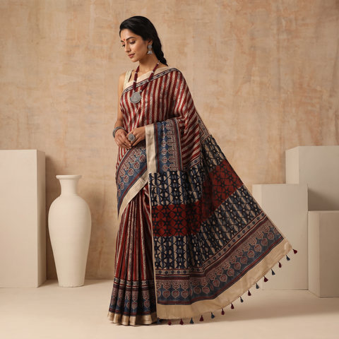 Multicolor Natural Dyed Hand Block Print Modal Silk Ajrakh Saree with Tassels, draped and worn by a woman, AI visual of the saree, iTokri