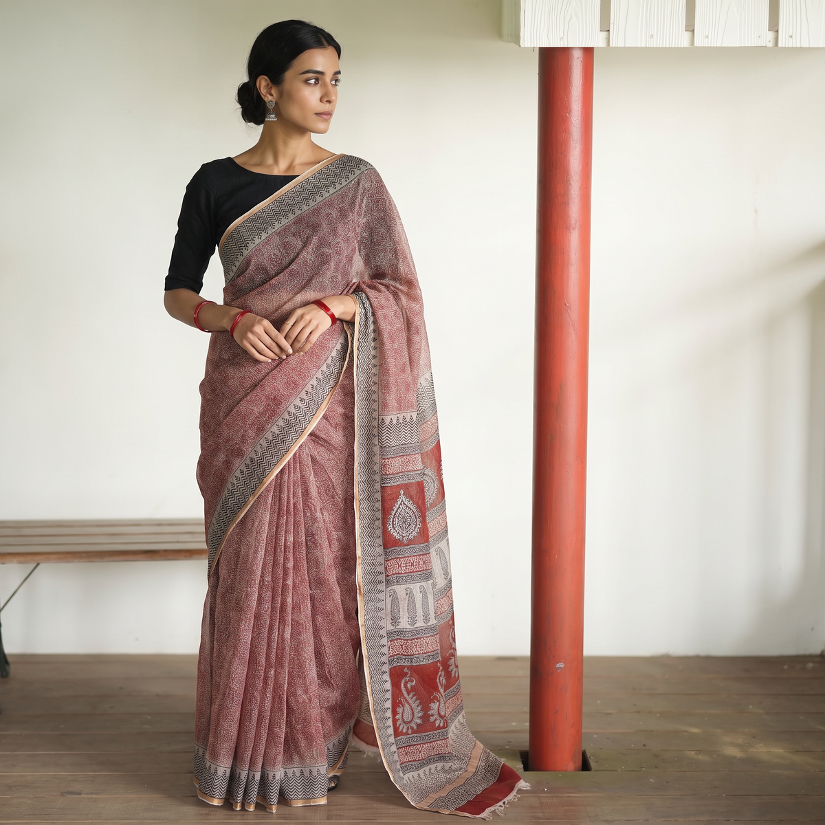 Red Natural Dyed Kota Doria Cotton Hand Block Bagh Print Saree, draped and worn by a woman, AI visual of the saree, iTokri