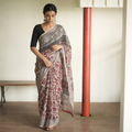Beige Natural Dyed Kota Doria Cotton Hand Block Bagh Print Saree, draped and worn by a woman, AI visual of the saree, iTokri