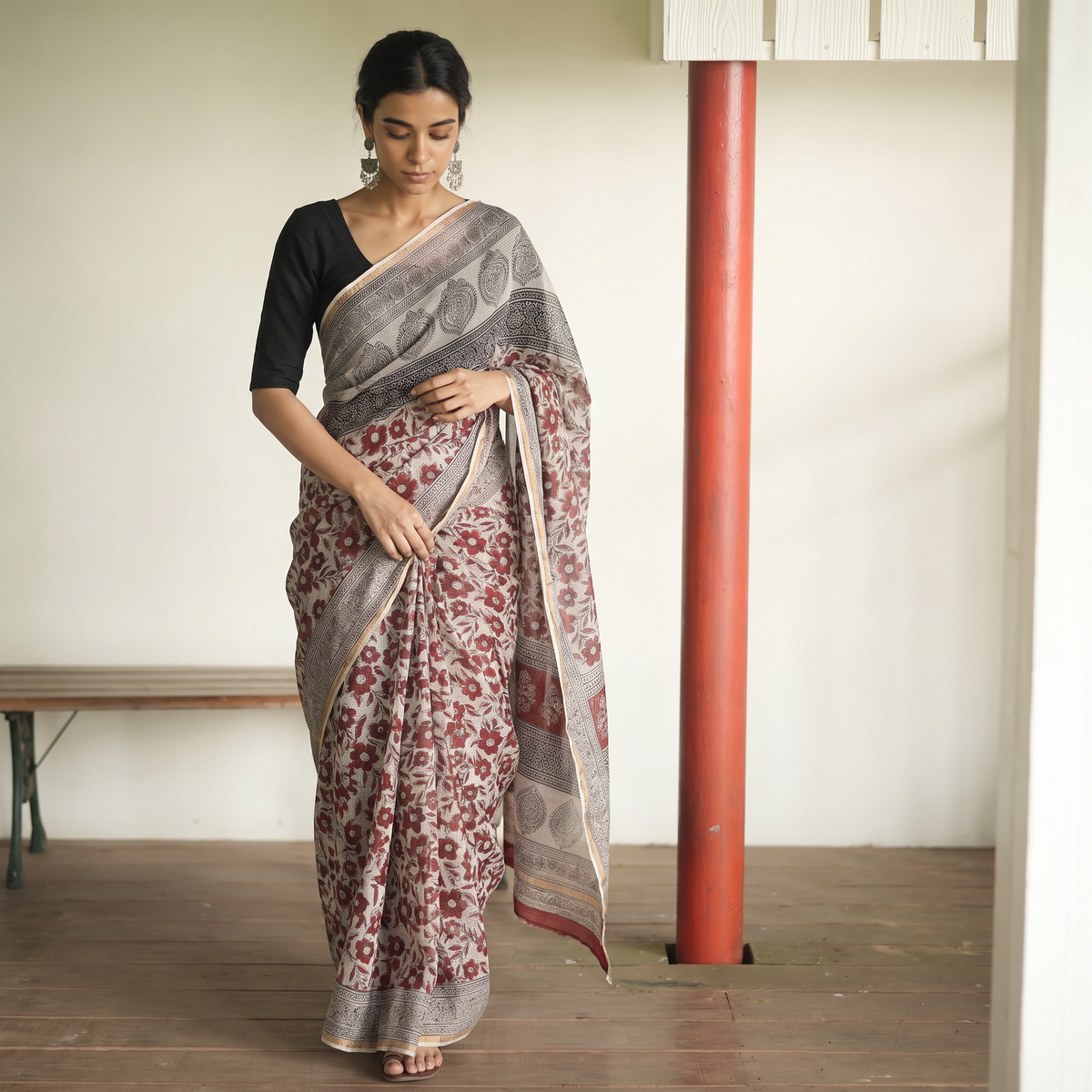 Beige Natural Dyed Kota Doria Cotton Hand Block Bagh Print Saree, draped and worn by a woman, AI visual of the saree, iTokri