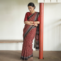 Red Natural Dyed Kota Doria Cotton Hand Block Bagh Print Saree, draped and worn by a woman, AI visual of the saree, iTokri