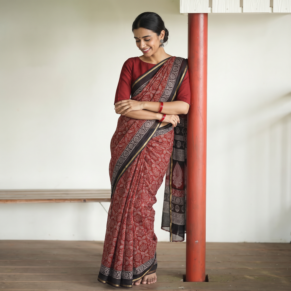 Red Natural Dyed Kota Doria Cotton Hand Block Bagh Print Saree, draped and worn by a woman, AI visual of the saree, iTokri