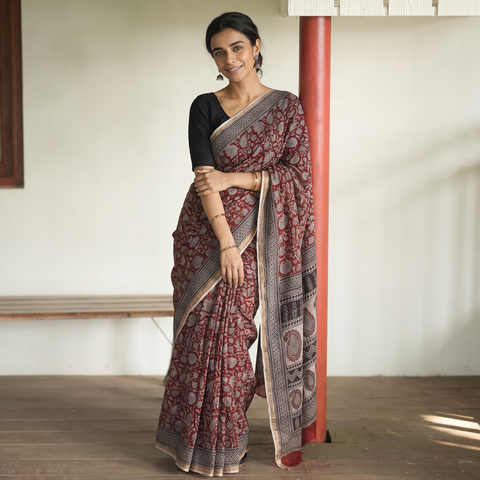 Red Natural Dyed Kota Doria Cotton Hand Block Bagh Print Saree, draped and worn by a woman, AI visual of the saree, iTokri