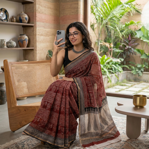 AI visual: model seated in a living room wearing the red natural dyed Kota Doria cotton saree with Bagh hand block print and a cream pallu