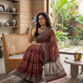 AI visual: model seated in a living room wearing the red natural dyed Kota Doria cotton saree with Bagh hand block print and a cream pallu
