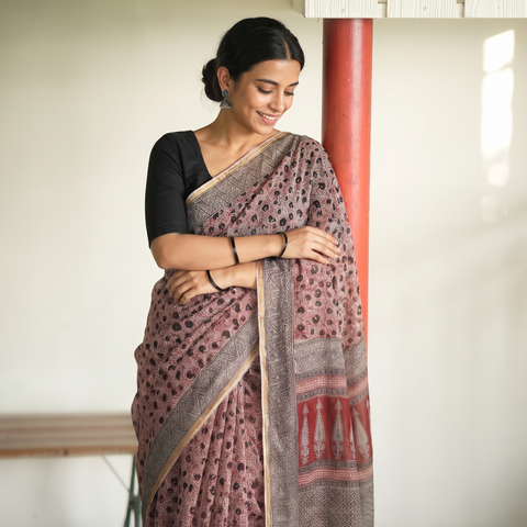Beige Natural Dyed Kota Doria Cotton Hand Block Bagh Print Saree, draped and worn by a woman, AI visual of the saree, iTokri