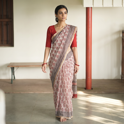 Beige Natural Dyed Kota Doria Cotton Hand Block Bagh Print Saree, draped and worn by a woman, AI visual of the saree, iTokri